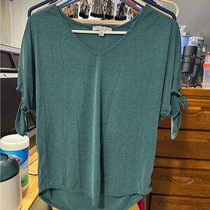 Green Envelope Teal V-Neck Top with Tie Sleeves